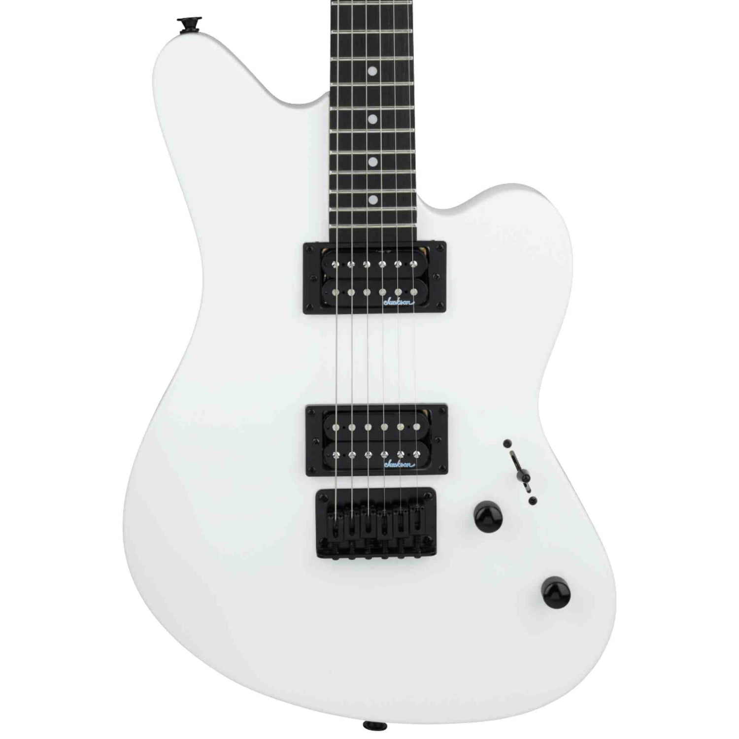White Jackson JS Series Surfcaster JS22 HT electric guitar with black pickups, selector switch, knobs and bridge on a white background