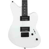 White Jackson JS Series Surfcaster JS22 HT electric guitar with black pickups, selector switch, knobs and bridge on a white background