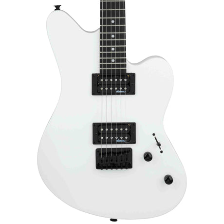 White Jackson JS Series Surfcaster JS22 HT electric guitar with black pickups, selector switch, knobs and bridge on a white background
