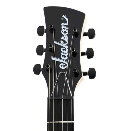 The front of a Jackson JS Series Surfcaster JS22 HT guitar headstock with brand logo on a white background