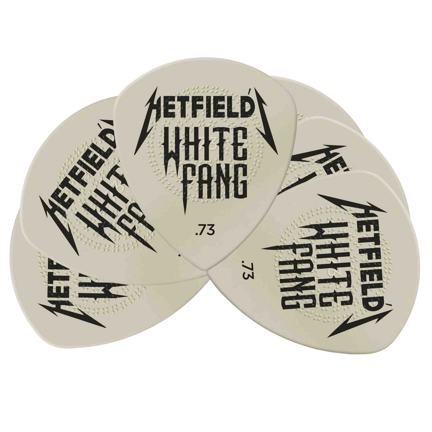 The image shows a set of white/cream Hetfield White Fang guitar picks with black text and a lightning bolt logo. They feature "HETFIELD," "WHITE FANG," and a .73mm thickness marking. The picks have a textured grip with raised dots and are arranged overlapping, indicating a multi-pack. These signature picks are associated with James Hetfield of Metallica, designed for rock and metal playing styles.