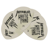 The image shows a set of white/cream Hetfield White Fang guitar picks with black text and a lightning bolt logo. They feature "HETFIELD," "WHITE FANG," and a .73mm thickness marking. The picks have a textured grip with raised dots and are arranged overlapping, indicating a multi-pack. These signature picks are associated with James Hetfield of Metallica, designed for rock and metal playing styles.