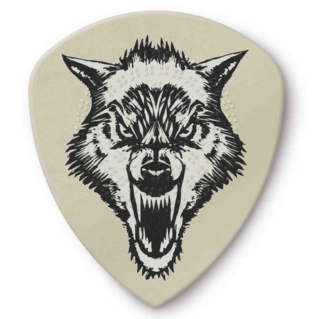 The image shows a guitar pick with a cream background featuring a detailed black illustration of a snarling wolf’s head. The wolf’s open mouth displays fangs, with pointed ears and an intense expression rendered in a woodcut style with bold lines and cross-hatching. This decorative pick combines practical use with a striking design popular among guitarists expressing themes of wildness, freedom, and strength.