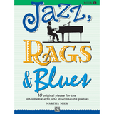 The image shows the cover of "Jazz, Rags & Blues (Book 3)" by Martha Mier, published by Alfred Music. The title features colorful, decorative fonts, with a black silhouette of a pianist at a grand piano against a background resembling sheet music staff paper. The book offers 10 original pieces for intermediate to late-intermediate pianists, focusing on jazz, ragtime, and blues styles.