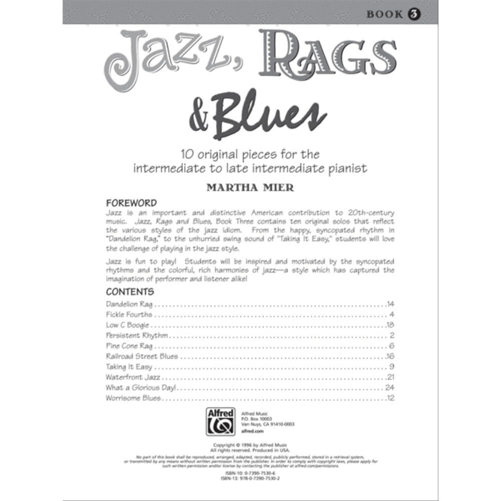 The image shows the title page of "Jazz, Rags & Blues Book 3" by Martha Mier, published by Alfred Music. It features 10 original piano pieces for intermediate to late intermediate students, covering jazz styles from ragtime to swing. The book aims to develop technical skills and musical understanding of American jazz, ragtime, and blues genres.