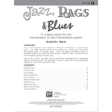 The image shows the title page of "Jazz, Rags & Blues Book 3" by Martha Mier, published by Alfred Music. It features 10 original piano pieces for intermediate to late intermediate students, covering jazz styles from ragtime to swing. The book aims to develop technical skills and musical understanding of American jazz, ragtime, and blues genres.