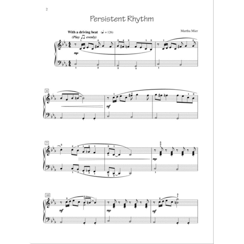 The image shows page 2 of the piano piece "Persistent Rhythm" by Martha Mier, featuring a grand staff in B♭ major, 4/4 time, and a tempo of ♩=126. It includes dynamic markings (mp, mf), rhythmic patterns with eighth and quarter notes, slurs, ties, and articulation. Likely from a method book, it emphasizes steady rhythm and hand coordination through syncopated and even note values.