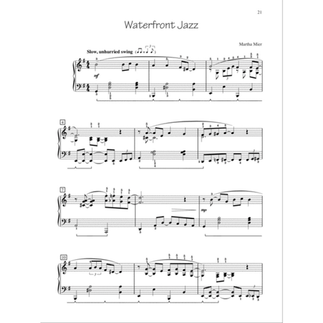 The image shows a page of piano sheet music titled "Waterfront Jazz" by Martha Mier, from a method book or collection. It features treble and bass clefs in 4/4 time, marked "Slow, unhurried swing" with jazz-style syncopation, swing feel, and fingering guides. Dynamics and phrasing are included, with measures numbered. The piece reflects a relaxed jazz style for intermediate students, combining melody and accompaniment typical of jazz piano instruction.
