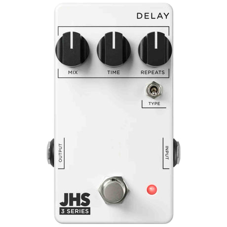 JHS Delay pedal with three knobs and a red LED on a white background