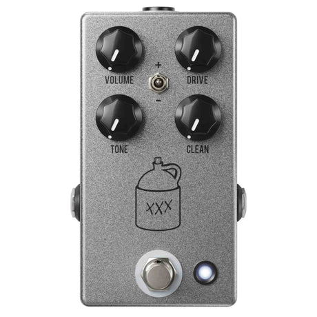 Gray JHS Moonshine V2 Overdrive pedal with black knobs and chrome foot switch.  Graphic of a moonshine jug. 