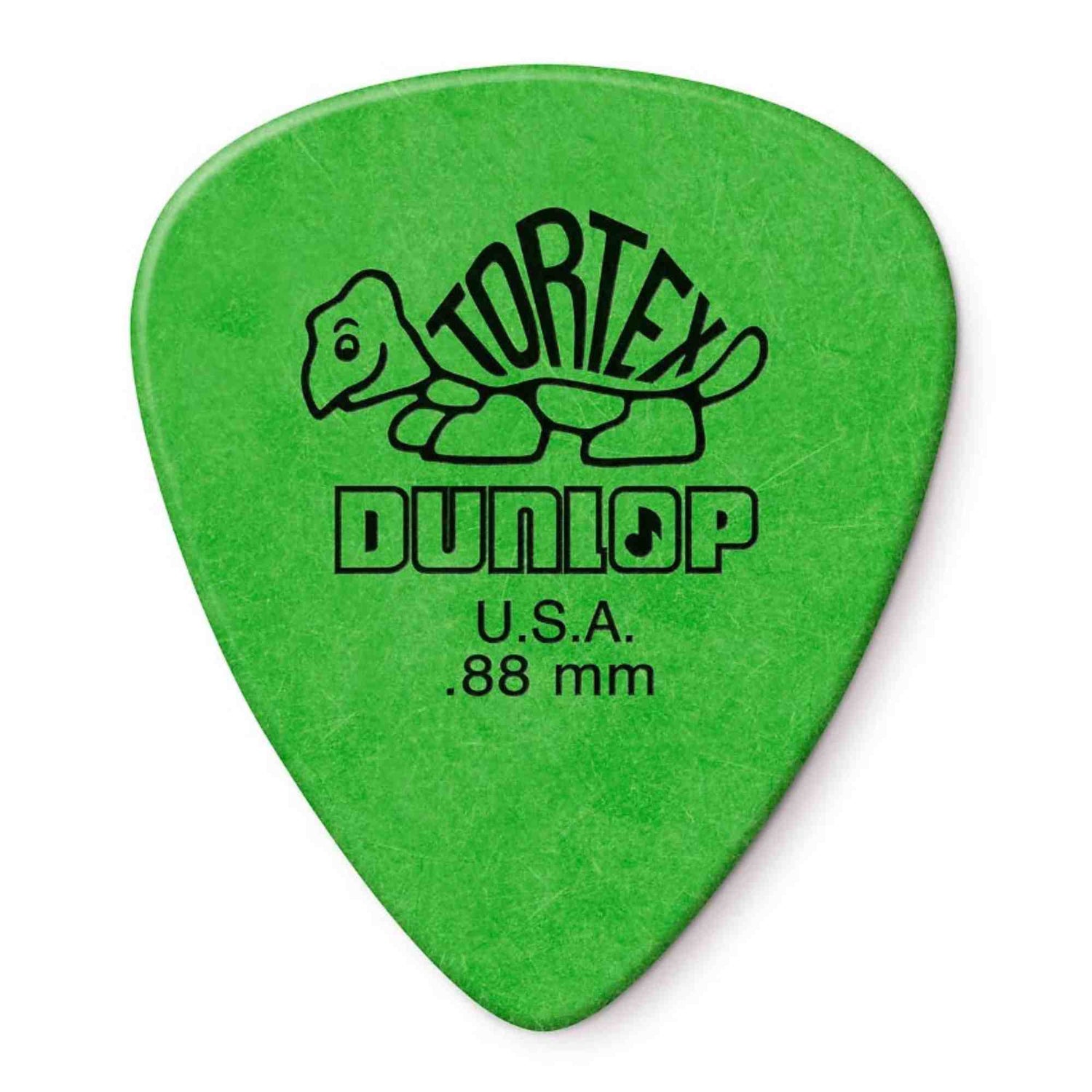The image shows a bright green Dunlop Tortex guitar pick featuring the classic turtle logo with "TORTEX" on the shell, "DUNLOP," "U.S.A.," and ".88 mm" thickness. This medium-heavy pick is popular for its durability, grip, and matte finish. The green color indicates its thickness in Dunlop’s color-coded system, offering versatility for both rhythm and lead guitar playing.