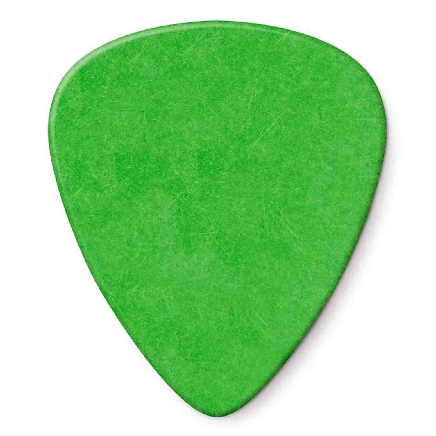 The image shows a bright green, teardrop-shaped guitar pick with visible scratches and wear from use. Made of plastic, it is a common accessory used to strum or pluck guitar strings. Guitar picks help produce clearer sound and protect the player's fingernails during playing.