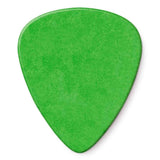The image shows a bright green, teardrop-shaped guitar pick with visible scratches and wear from use. Made of plastic, it is a common accessory used to strum or pluck guitar strings. Guitar picks help produce clearer sound and protect the player's fingernails during playing.