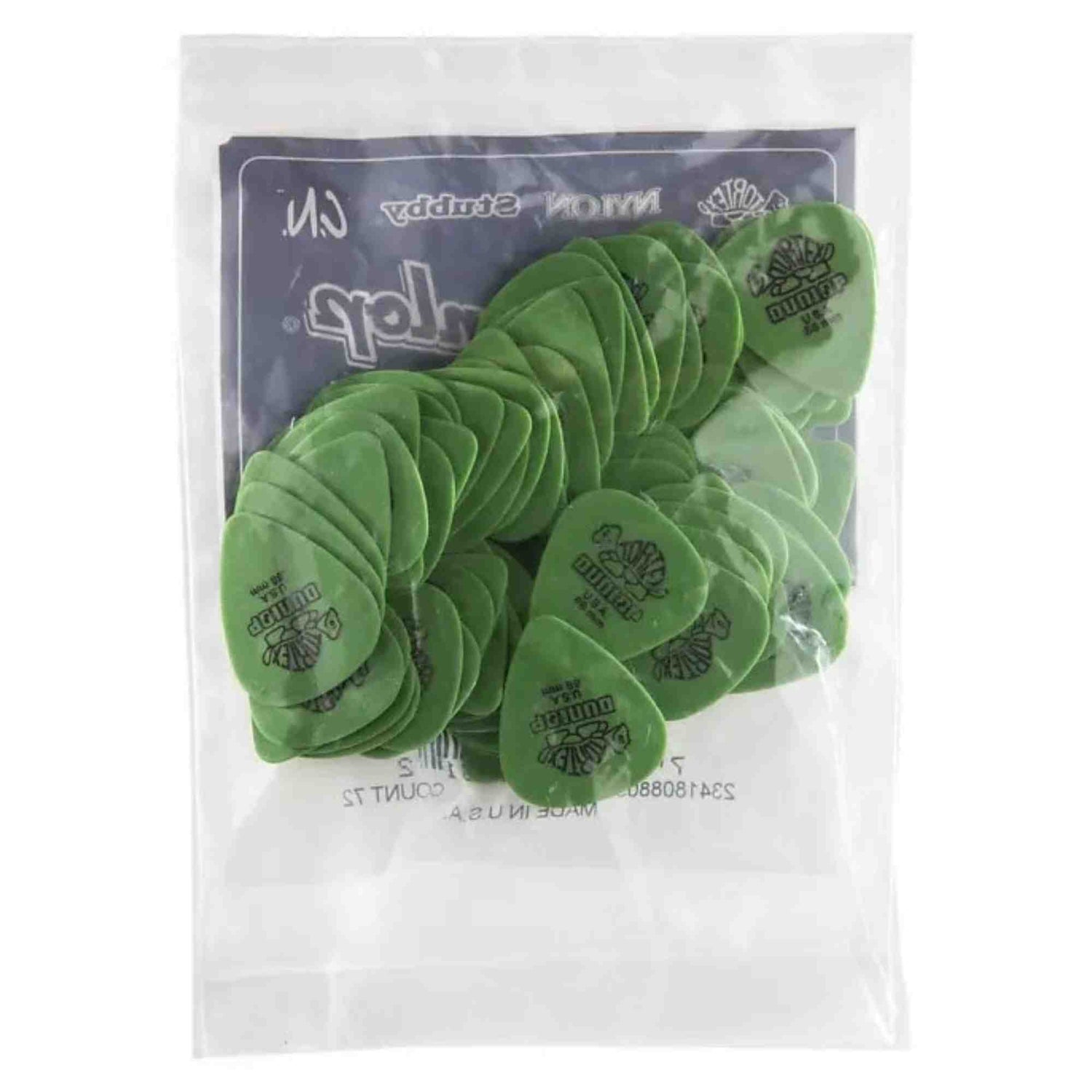 The image shows a clear plastic package of bright green Dunlop guitar picks made from translucent material. Each pick features the Dunlop logo and text. This bulk pack contains multiple picks, commonly used by guitarists and other string instrument players to pluck or strum strings.