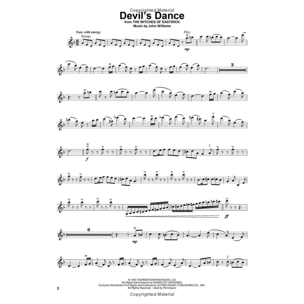 The image shows sheet music for "Devil's Dance" from "The Witches of Eastwick," composed by John Williams. It is in treble clef for strings, with a 6/8 time signature and multiple sharps. The tempo is marked "Fast, with energy," featuring dynamics from mp to ff, accents, staccatos, bowings, rests, chromatic passages, and a dramatic glissando. This appears to be page 2, with Warner-Barham Music LLC copyright.