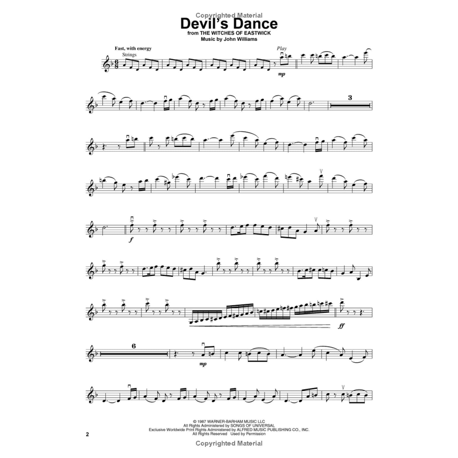 The image shows sheet music for "Devil's Dance" from "The Witches of Eastwick," composed by John Williams. It is in treble clef for strings, with a 6/8 time signature and multiple sharps. The tempo is marked "Fast, with energy," featuring dynamics from mp to ff, accents, staccatos, bowings, rests, chromatic passages, and a dramatic glissando. This appears to be page 2, with Warner-Barham Music LLC copyright.