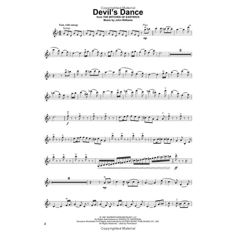 The image shows sheet music for "Devil's Dance" from "The Witches of Eastwick," composed by John Williams. It is in treble clef for strings, with a 6/8 time signature and multiple sharps. The tempo is marked "Fast, with energy," featuring dynamics from mp to ff, accents, staccatos, bowings, rests, chromatic passages, and a dramatic glissando. This appears to be page 2, with Warner-Barham Music LLC copyright.
