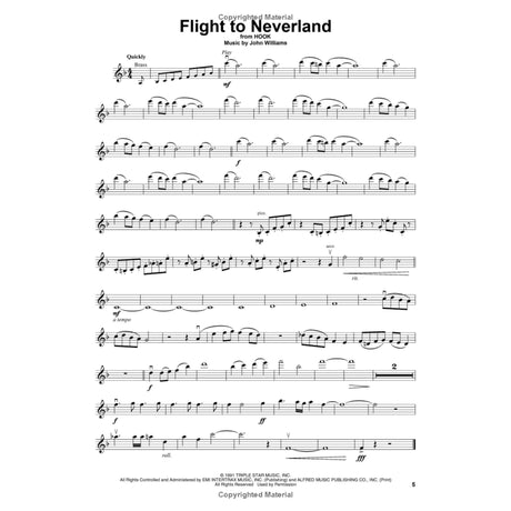 The image shows a sheet music page for "Flight to Neverland" from the musical HOOK, composed by John Williams. It features brass notation in treble clef, marked "Quickly," in B-flat major and 4/4 time. The page includes dynamic and articulation markings like pizz., arco, rit., and rall. At the bottom is copyright info from 1991 by Triple Star Music, EMI, and Alfred Music, with the page numbered 5.