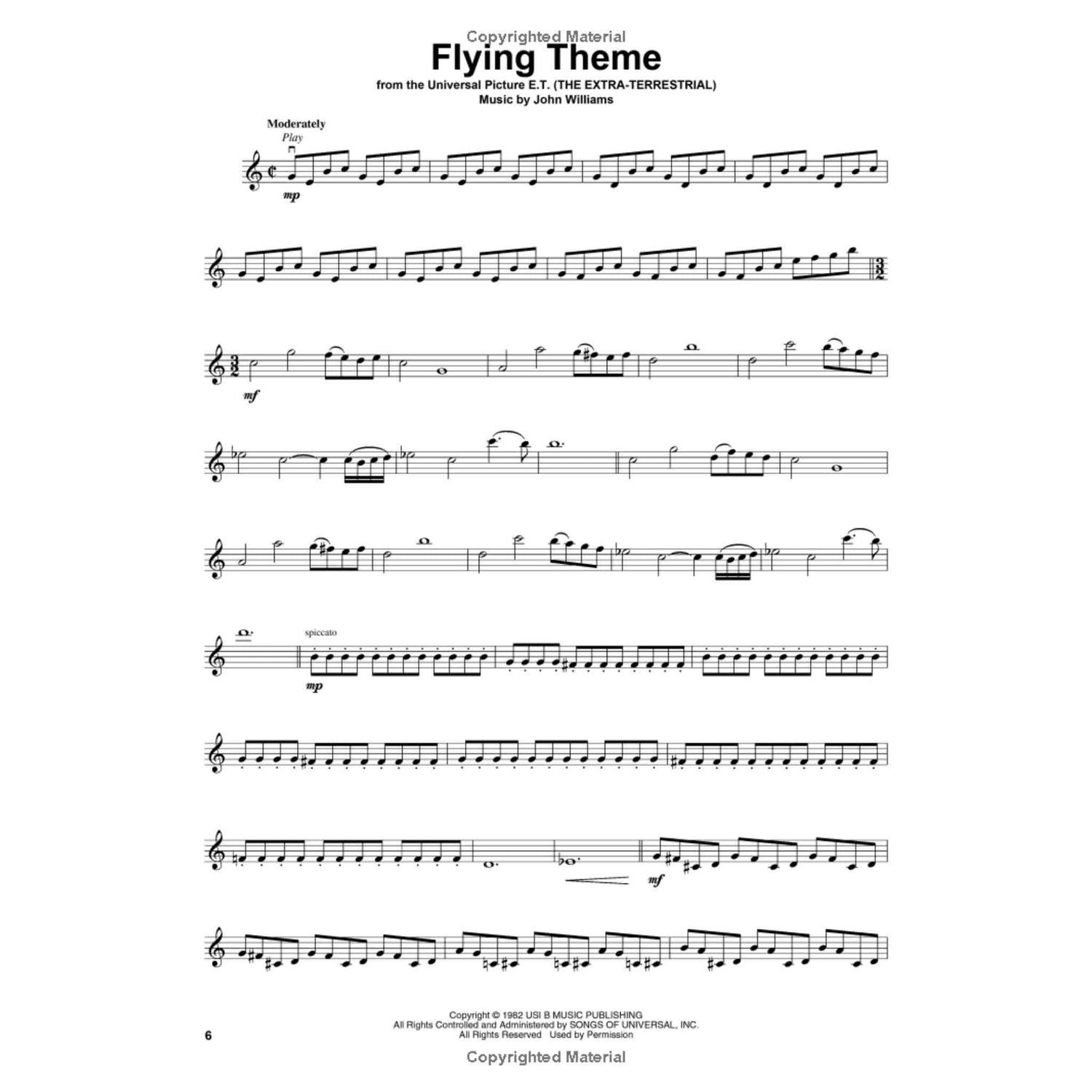 The image shows a sheet music page for the "Flying Theme" from E.T. the Extra-Terrestrial by John Williams. It features a single-staff treble clef score with tempo marking "Moderately," dynamic markings (mp, mf), time signature changes (4/4 to 3/8), various note values, staccato expression, and accidentals. The 1982 copyrighted music is a simplified solo arrangement, capturing the iconic melodic theme.