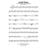 The image shows a sheet music page for the "Flying Theme" from E.T. the Extra-Terrestrial by John Williams. It features a single-staff treble clef score with tempo marking "Moderately," dynamic markings (mp, mf), time signature changes (4/4 to 3/8), various note values, staccato expression, and accidentals. The 1982 copyrighted music is a simplified solo arrangement, capturing the iconic melodic theme.