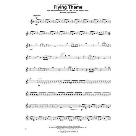 The image shows a sheet music page for the "Flying Theme" from E.T. the Extra-Terrestrial by John Williams. It features a single-staff treble clef score with tempo marking "Moderately," dynamic markings (mp, mf), time signature changes (4/4 to 3/8), various note values, staccato expression, and accidentals. The 1982 copyrighted music is a simplified solo arrangement, capturing the iconic melodic theme.