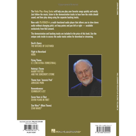 The image shows the back cover of a Hal Leonard violin play-along book featuring popular movie and TV themes. It highlights PLAYBACK+ audio tech for slowing, looping, and panning, with downloadable demonstration and backing tracks via an online code. Included songs are from Harry Potter, Star Wars, Jurassic Park, and more. The cover also displays pricing, ISBN, a photo of composer John Williams, and copyright info.