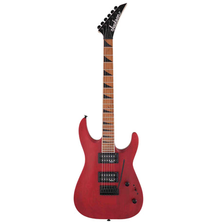 The image is the front of a Red Jackson JS Series Dinky Arch Top JS24 DKAM electric guitar on a white background. The headstock is black with the white Jackson logo on it. The body has a Red Stain, black pickups, knobs, channel selector and tremolo arm. The fret markers are black sharkfin inlays. 