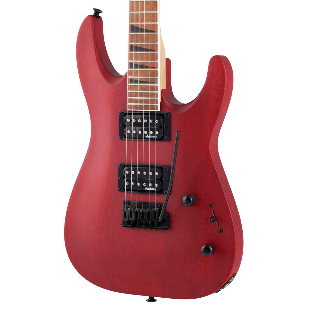 A close up image of the front of the body of a Jackson JS Series Dinky Arch Top JS24 DKAM electric guitar on a white background. The body is Mahogany with a vibrant red stain. All the hardware and pickups are black.
