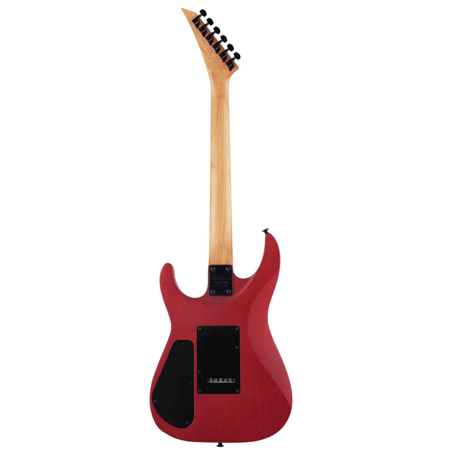 The back of a Red Jackson JS Series Dinky Arch Top JS24 DKAM electric guitar on a white background. The body is a Red Stain and the back plates and machine heads are all black. 