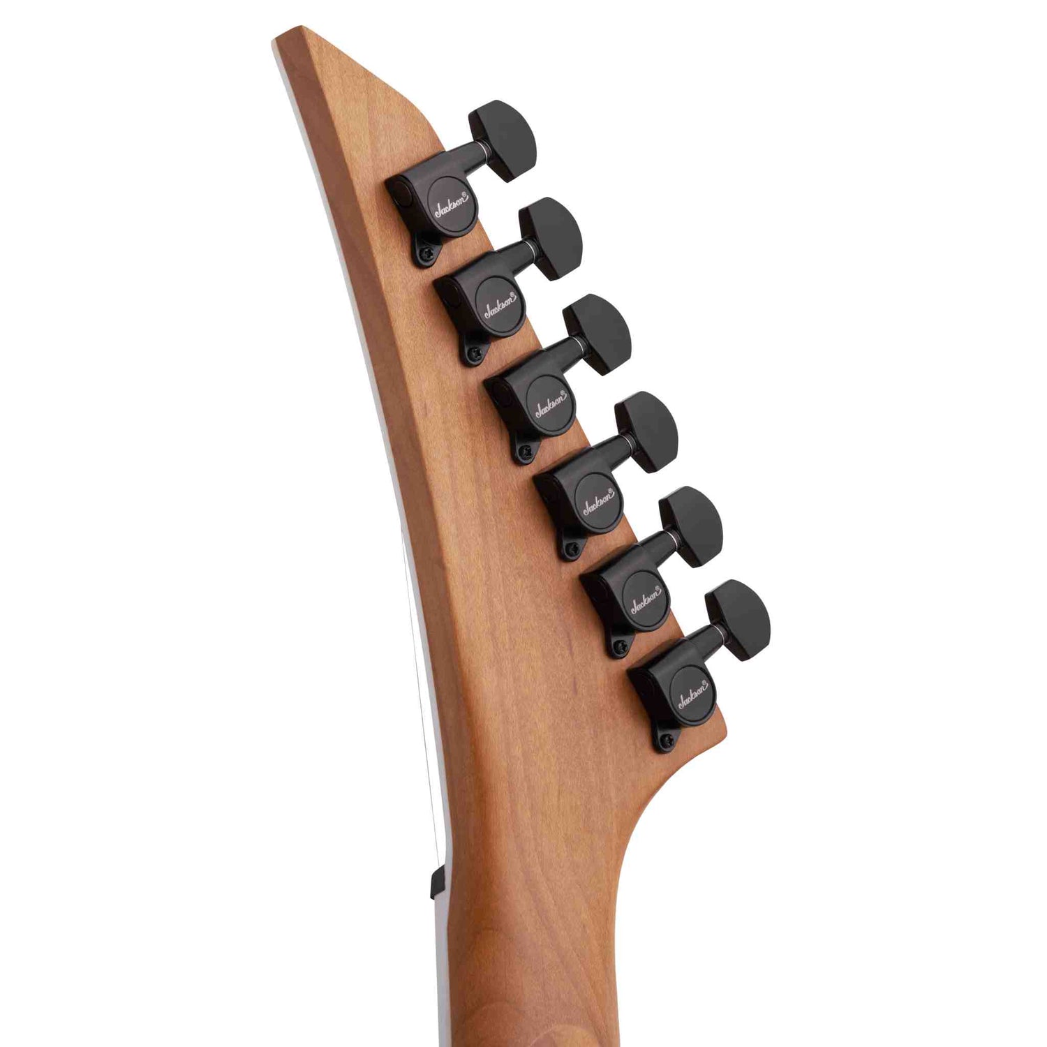 Close-up of the back of the headstock of a Jackson JS Series Dinky Arch Top JS24 DKAM electric guitar on a white background. The machine heads are black and have the white Jackson logo at the bases of all of them. 