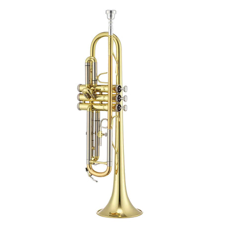 The image shows a brass trumpet with a polished gold finish. It features a flared bell, three piston valves with buttons, curved tubing, a silver mouthpiece, and slides for pitch adjustment. The trumpet appears to be professional or semi-professional quality, suitable for concert bands, jazz, or orchestras. It is photographed against a white background, likely for retail or catalog display.