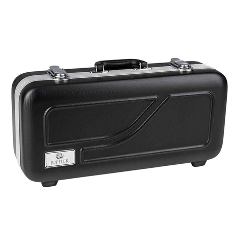 The image shows a professional hard-shell musical instrument case by Jupiter, featuring a black textured exterior, chrome latches, and an ergonomic handle. Its compact, angular design and size suggest it’s made for a trumpet, cornet, or similar brass instrument. The case offers durable molded construction, secure latches, and the Jupiter logo, providing essential protection for transporting and storing wind instruments.