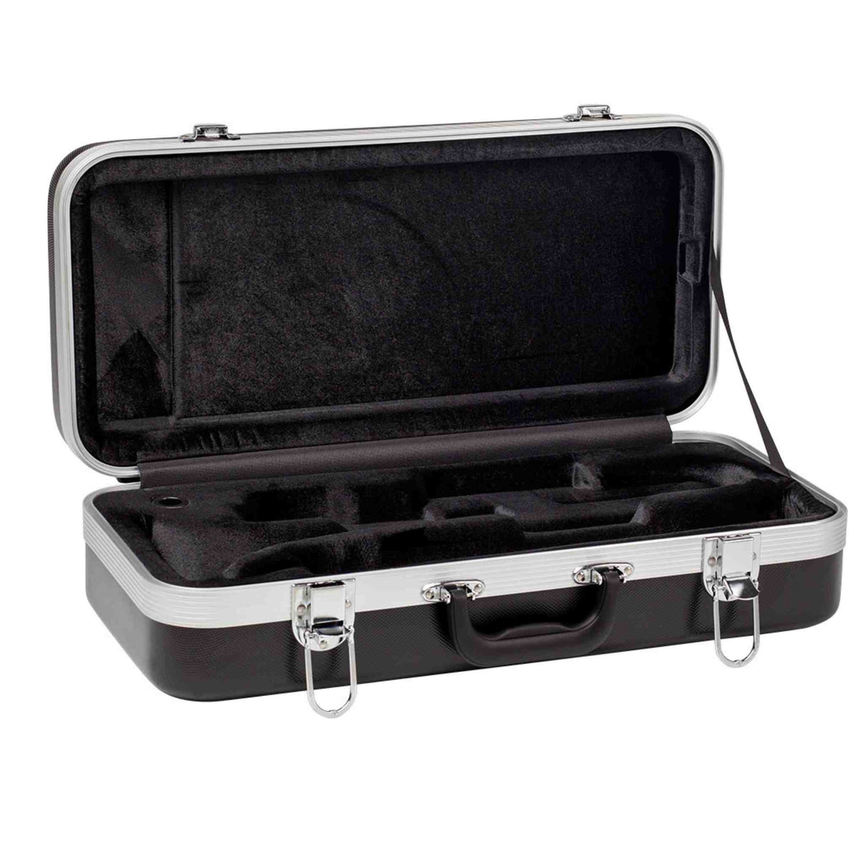 The image shows a professional hard-shell musical instrument case with a black exterior and silver trim. It has two secure metal latches, a sturdy handle, and a black plush foam interior with custom-molded compartments. The foam cutouts are shaped to hold a wind instrument, likely a clarinet or oboe, including its body sections and accessories, providing safe, portable protection.
