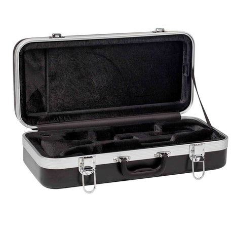The image shows a professional hard-shell musical instrument case with a black exterior and silver trim. It has two secure metal latches, a sturdy handle, and a black plush foam interior with custom-molded compartments. The foam cutouts are shaped to hold a wind instrument, likely a clarinet or oboe, including its body sections and accessories, providing safe, portable protection.