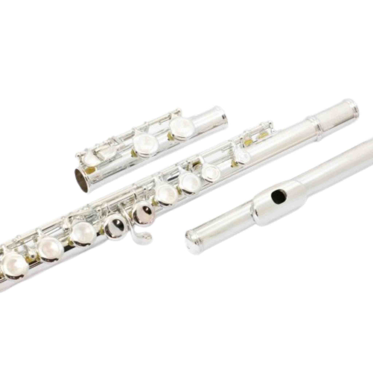The image shows a silver-plated concert flute disassembled into its three sections: headjoint with embouchure hole, body with keys and tone holes, and footjoint. The bright, polished flute features mother-of-pearl key inlays and typical key mechanisms. This metal woodwind instrument is commonly used in orchestras, bands, and solo performances by students and professionals.