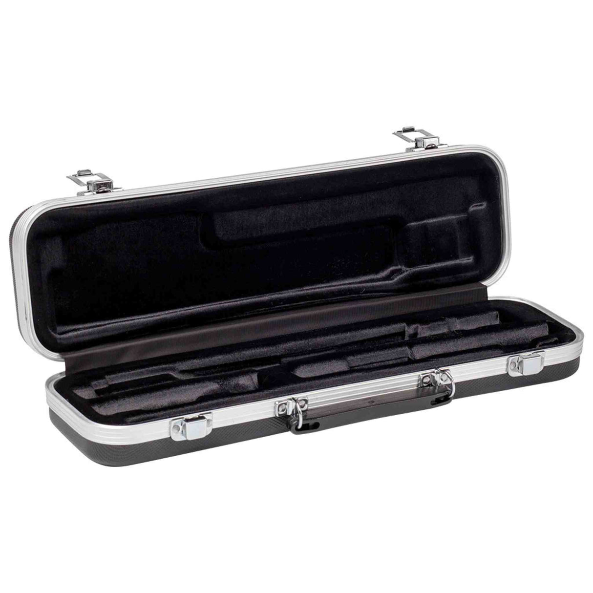 The image shows a hard shell violin case with a black exterior and silver metal hardware. It features multiple latches for secure closure, a black plush, custom-molded interior that holds the instrument firmly, and extra compartments for accessories. Designed for professional-grade protection, it safeguards the violin from impacts and damage during transport.