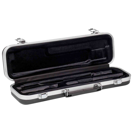 The image shows a hard shell violin case with a black exterior and silver metal hardware. It features multiple latches for secure closure, a black plush, custom-molded interior that holds the instrument firmly, and extra compartments for accessories. Designed for professional-grade protection, it safeguards the violin from impacts and damage during transport.