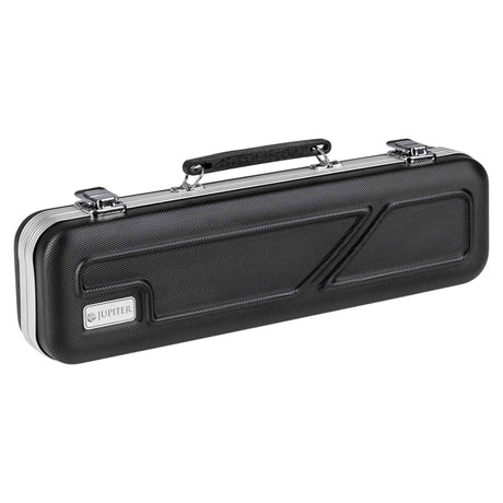 The image shows a hard-shell flute case by Jupiter, featuring a textured black exterior, chrome latches, padded handle, and a molded design with recessed areas for secure instrument storage. The metal nameplate displays the Jupiter brand, known for student and intermediate wind instruments. This durable, professional-grade case protects the flute from damage, moisture, and temperature changes during transport.