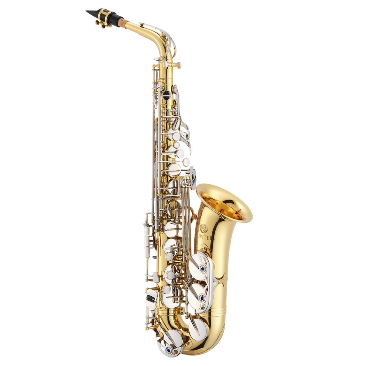 Gold and silver Jupiter brand Alto saxophone on a white background