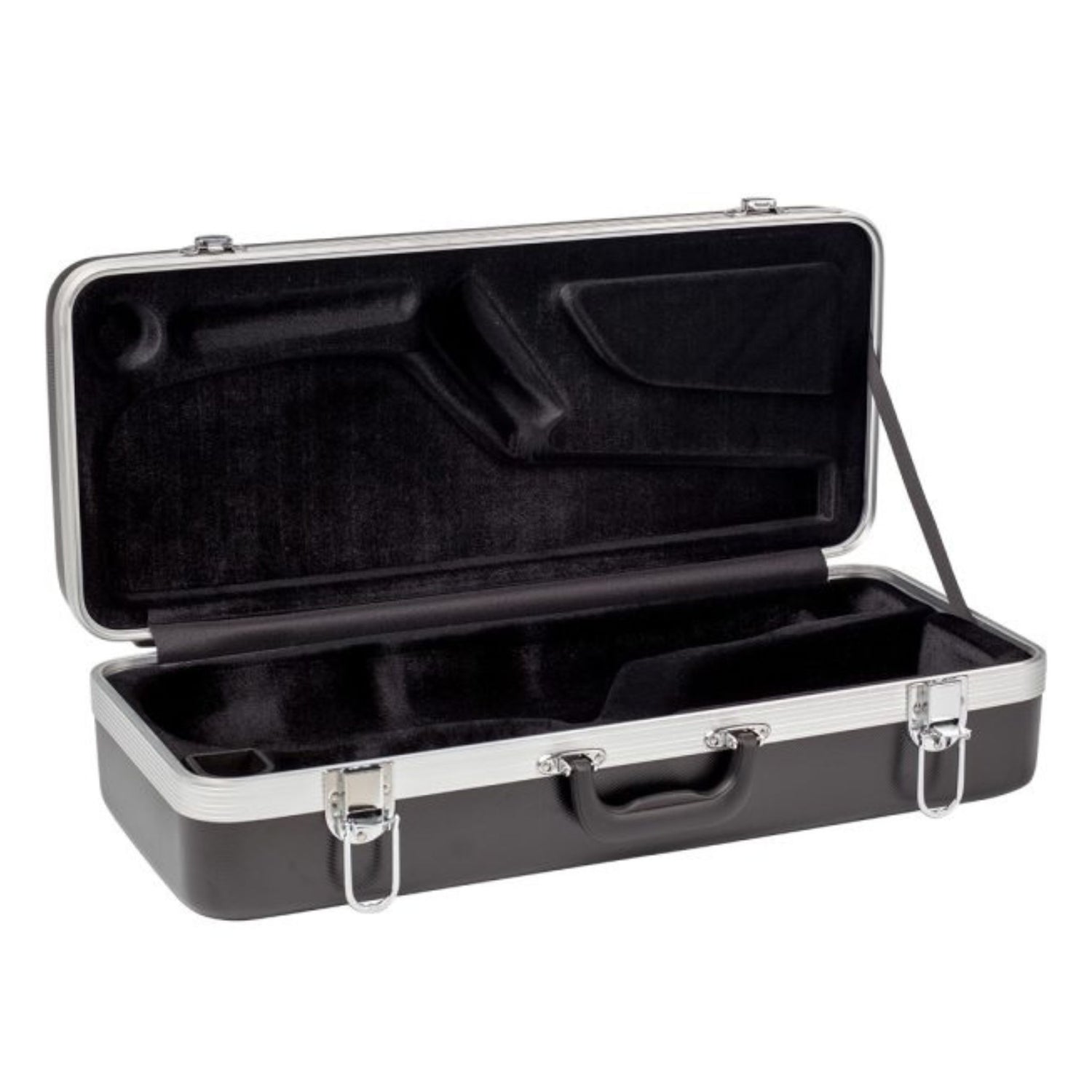 the inside of a black alto sax case with silver trim on a white background