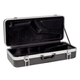 the inside of a black alto sax case with silver trim on a white background