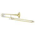 The image shows a tenor trombone, a brass wind instrument with a telescoping slide for pitch changes. It features a brass bell, main tuning slide, inner and outer slide tubes, and a dual brass and silver/chrome finish. A rotary valve near the bell suggests it is an F-attachment model, extending its range. Trombones are key in orchestras, bands, and jazz for their powerful sound and sliding glissandos.