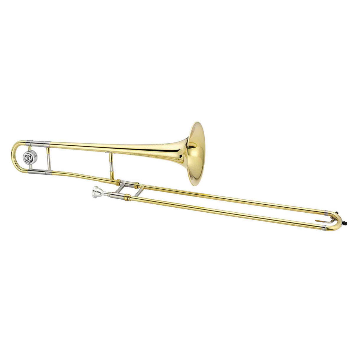 The image shows a tenor trombone, a brass wind instrument with a telescoping slide for pitch changes. It features a brass bell, main tuning slide, inner and outer slide tubes, and a dual brass and silver/chrome finish. A rotary valve near the bell suggests it is an F-attachment model, extending its range. Trombones are key in orchestras, bands, and jazz for their powerful sound and sliding glissandos.