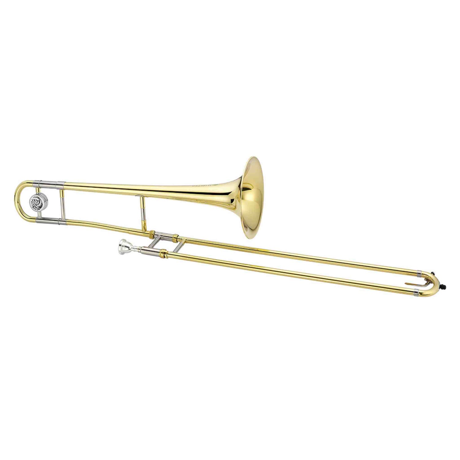 The image shows a tenor trombone, a brass wind instrument with a telescoping slide for pitch changes. It features a brass bell, main tuning slide, inner and outer slide tubes, and a dual brass and silver/chrome finish. A rotary valve near the bell suggests it is an F-attachment model, extending its range. Trombones are key in orchestras, bands, and jazz for their powerful sound and sliding glissandos.
