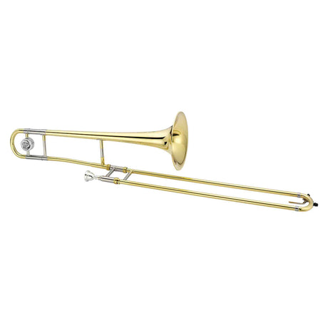The image shows a tenor trombone, a brass wind instrument with a telescoping slide for pitch changes. It features a brass bell, main tuning slide, inner and outer slide tubes, and a dual brass and silver/chrome finish. A rotary valve near the bell suggests it is an F-attachment model, extending its range. Trombones are key in orchestras, bands, and jazz for their powerful sound and sliding glissandos.
