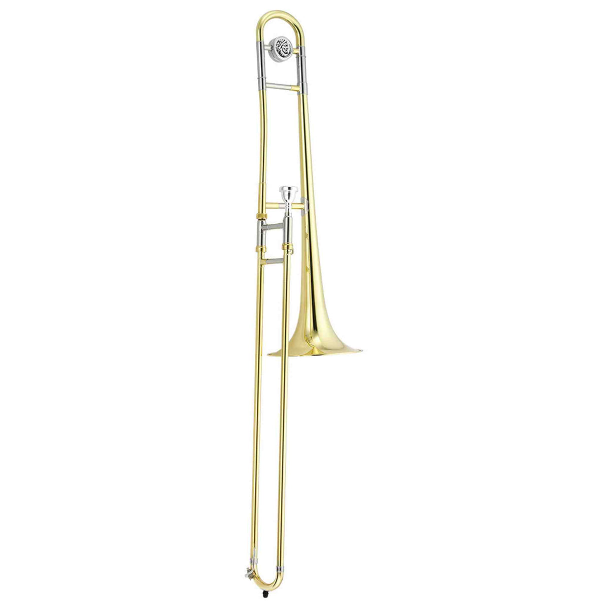 The image shows a tenor trombone, a brass wind instrument with a golden lacquered finish. It features a flared bell for sound projection, a long telescoping slide to change pitch, a tuning slide for fine adjustments, and a mouthpiece receiver at the top. The slide allows smooth glissandos and access to a full chromatic range, making the trombone unique among brass instruments.