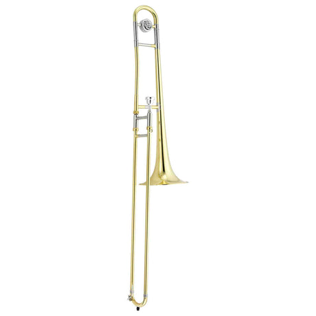 The image shows a tenor trombone, a brass wind instrument with a golden lacquered finish. It features a flared bell for sound projection, a long telescoping slide to change pitch, a tuning slide for fine adjustments, and a mouthpiece receiver at the top. The slide allows smooth glissandos and access to a full chromatic range, making the trombone unique among brass instruments.