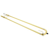 The image shows a brass trombone telescoping slide assembly with a gold finish, featuring the U-shaped bend and parallel tubes that enable smooth extension and retraction. A small adjustment mechanism is visible on one inner slide. This essential trombone part changes pitch by varying tubing length, allowing for glissandos and precise intonation. It appears to be a replacement slide commonly sold separately.