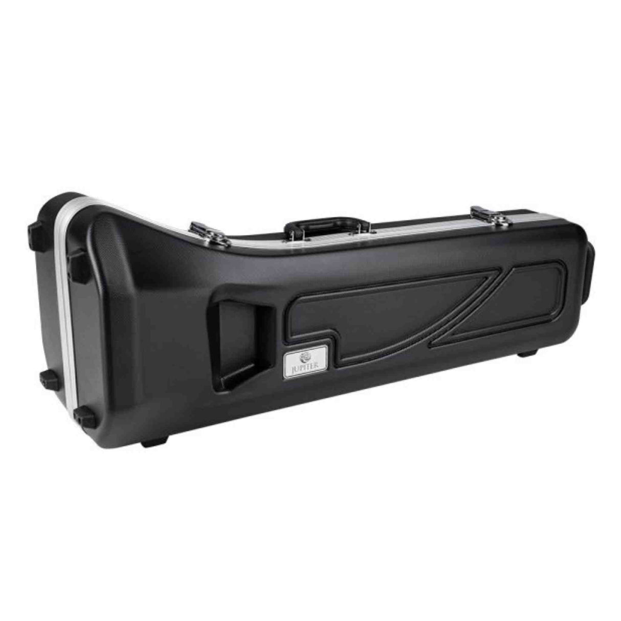 The image shows a hard case for a wind instrument, likely a flute or piccolo, with a black molded exterior, chrome metal latches, and a carrying handle. It features recessed ridges for strength and a small manufacturer's label. Designed to protect delicate instruments, the case provides secure closure and custom-fitted interior padding (not visible) for safe transport and storage.