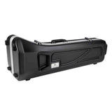 The image shows a hard case for a wind instrument, likely a flute or piccolo, with a black molded exterior, chrome metal latches, and a carrying handle. It features recessed ridges for strength and a small manufacturer's label. Designed to protect delicate instruments, the case provides secure closure and custom-fitted interior padding (not visible) for safe transport and storage.